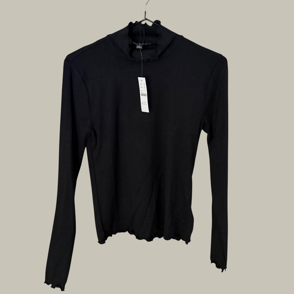 J.Crew Womens Black Lettuce Edge Ruffle Mock Neck Long Sleeve Top CP549 Small